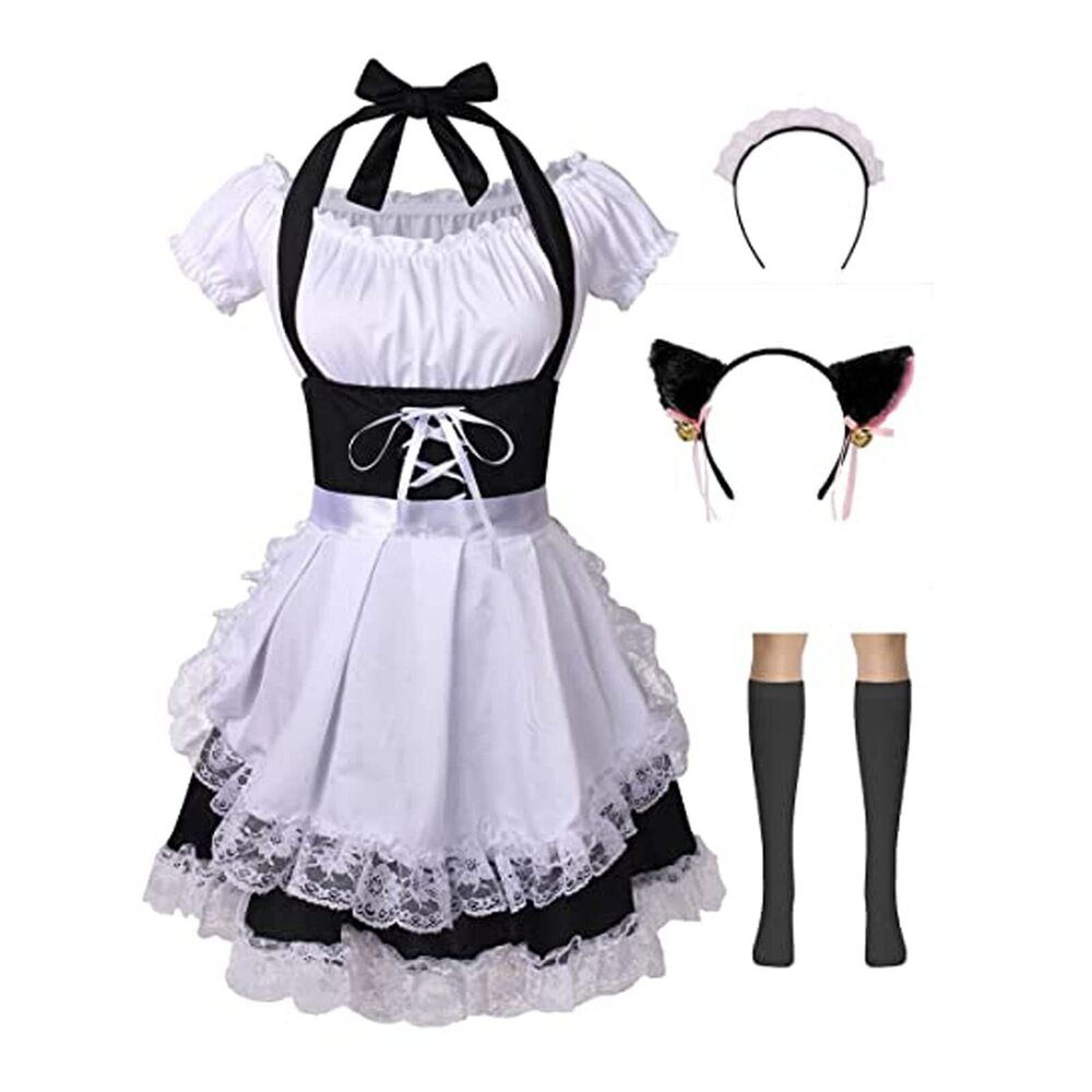 8886 Maid Costume, Cosplay Dress for Halloween Party with Apron Cat ear